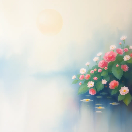 ethereal watercolors, Claude Monet, impressionism, soft pastels, fluid movement, dreamy haze, nature's serenity, garden landscapes, reflections in water, painterly brushstrokes, tranquil ambiance, translucent layers, diffused light, organic forms, vibrant blooms, delicate washes, plein air essence, contemplative mood, harmonious color palette, luminous glow, natural luminosity, artistic expression, timeless beauty, poetic atmosphere, seamless blend, surreal tranquility, rich textures, subtle contrasts, elegant balance, immersive experience, visual poetry
