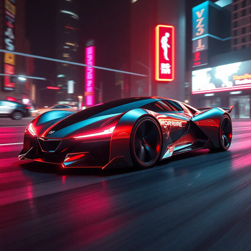 futuristic car design, sleek lines, chrome finish, vibrant neon highlights, dramatic lighting, dynamic movement, aerodynamic shape, retro-futurism, precision engineering, urban environment, concept art, high-tech materials, hyper-realistic detailing, modern aesthetics, speed and agility, metallic textures, ambient atmosphere, avant-garde composition, illuminated cityscape, art deco influences