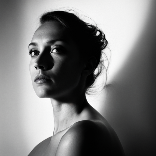 feminine strength, gracefulness, portrait, black and white, soft lighting, emotional expression, beauty, empowerment, contemporary, contrast, delicate features, monochrome, dramatic shadows, timeless elegance, chiaroscuro, Renaissance influence, ethereal mood, fine art, texture, simplicity