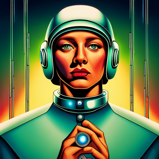 1970's, sci-fi, robot, portrait, studio light, emerald colored background, retro-futurism, futuristic, mechanical, artificial intelligence, cybernetic, vintage, technology, metallic, shiny, nostalgic, disco era, neon lighting, electronic, analog, groovy, disco balls, psychedelic, retro typography