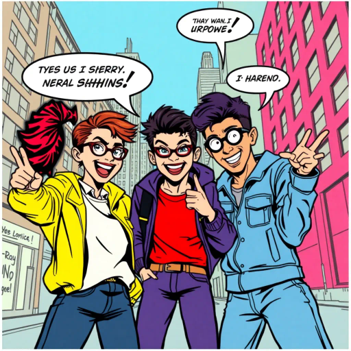 sassy dialogue, bold expression, dynamic poses, vibrant colors, exaggerated features, pop art influences, Roy Lichtenstein, wit and humor, urban streetwear fashion, graphic lines, modern cityscape backdrop, energetic composition, youthful exuberance, playful mood, strong contrasts, animated movement, cheeky interaction, contemporary setting, comic strip layout, humorous narrative