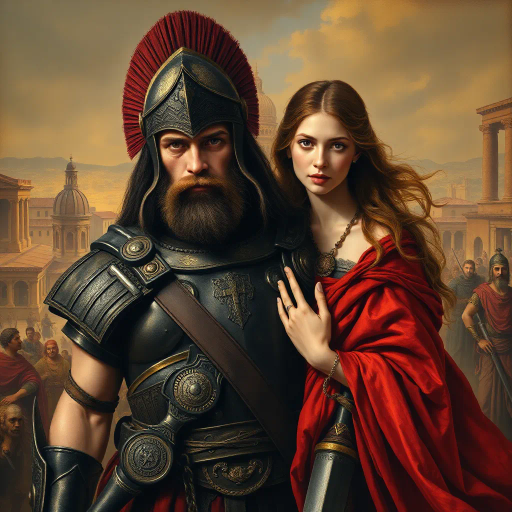 ancient Rome, Sack of Rome 410 CE, Visigothic warrior, Roman lady, dramatic tension, historical narrative, epic composition, chiaroscuro lighting, rich textures, vivid colors, romanticism, classicism, dramatic movement, cultural clash, historical saga, detailed armor, flowing Roman robes, emotional intensity, symbolic imagery, layered composition, heroic scale, classical architecture backdrop, dynamic interactions, historical realism, artistic storytelling, power and grace, clash of civilizations, evocative mood, intricate detailing, timeless conflict, artistic depth, dramatic contrast