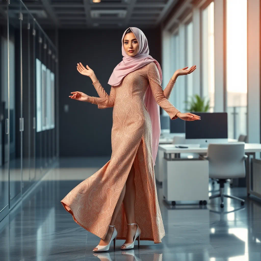 Arab woman, elegant hijab, professional setting, modern workplace, high heels, Middle Eastern culture, contemporary art, intricate patterns, vibrant colors, soft lighting, dynamic pose, cultural expression, delicate fabrics, office environment, confident demeanor, sophisticated fashion, grace and poise, diverse representation, cultural fusion, empowerment, modernism, Impressionism influences, human form, balance and harmony, Henri Matisse, modern elegance, intricate textile patterns, vibrant aesthetic, global influence, artistic expression, dignity and strength, atmospheric composition, elegant lines, harmonious palette, seamless integration, modern artistry