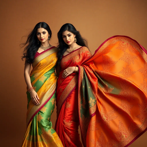 elegant women, traditional attire, saree, refined beauty, luxurious fabrics, intricate patterns, vibrant colors, Indian culture, classic elegance, sophisticated mood, graceful movement, artistic photography, soft lighting, cultural richness, detailed embroidery, timeless fashion, portrait composition, artistic realism, romantic ambiance, feminine grace, Ritu Kumar influence, intricate textures, regal presence, contemporary elegance, traditional influences