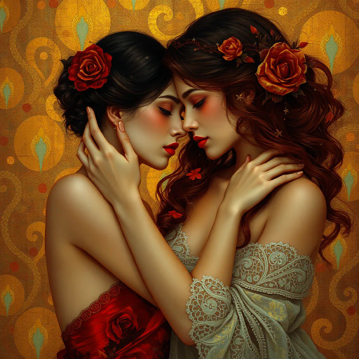 surreal sensuality, Gustav Klimt influence, ethereal glow, dreamlike atmosphere, luxurious textures, warm golds and crimson hues, intricate patterns, flowing forms, emotive expressions, divine allure, Art Nouveau elegance, Baroque opulence, intimate settings, romantic ambiance, mythical motifs, tender connections, subtle symbolism, passionate undertones, otherworldly beauty, soft focus, layered depth, seductive whispers, timeless elegance, enchanting narrative, ethereal realms, delicate brushstrokes, luminosity