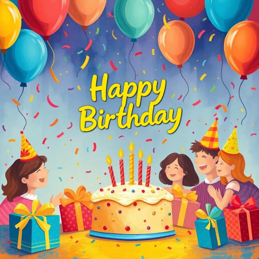 vibrant colors, celebration, balloons, confetti, party hats, joyful gathering, cake with candles, presents, happiness, friends and family, birthday wishes, surprise elements, festive atmosphere, playful typography, whimsical charm, childlike wonder, illustrative mail template, digital storytelling, dynamic composition, joyful theme, lush textures, Henri Matisse influence, joyous abstraction, vivid palette, festive expression, cheerful ambiance, imaginative design