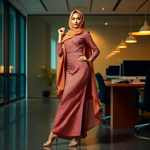 elegant Arab woman, professional attire, modern workplace, high heels, Middle Eastern influence, contemporary art style, intricate patterns, vibrant color palette, soft ambient lighting, cultural expression, dynamic posing, delicate textiles, confidence, empowerment, sophistication, grace, diverse cultural representation, cultural fusion, impressionism influences, human form depiction, balance and harmony, dynamic office environment, elegance, poise, detailed craftwork, modernism, cultural narrative, harmonious composition, vibrant textures