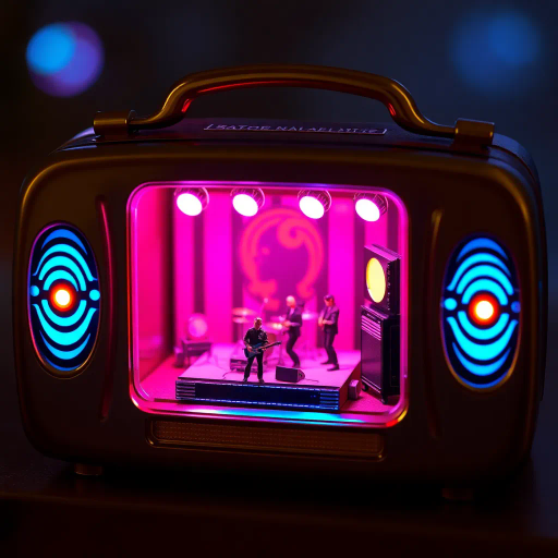 vintage radio, intricate design, miniature concert scene, 1950s aesthetics, band performance, tiny stage, vibrant lighting, pink spotlights, blue illumination, purple hues, dynamic energy, retro-futuristic, surreal composition, nostalgic charm, textured sound waves, luminous glow, art deco influence, whimsical atmosphere, detailed craftsmanship, neon colors, cinematic ambiance, imaginative storytelling, alternative reality, surrealism, miniature world, vibrant logo, visual harmony, nostalgic themes