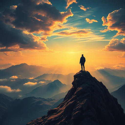 solitary figure, mountain peak, expansive vista, vast horizon, atmospheric perspective, dramatic lighting, ethereal mood, introspective journey, majestic landscape, vivid colors, intricate textures, Edward Hopper influence, surreal elements, sweeping panorama, serene solitude, dynamic clouds, sweeping narrative, emotional depth, timeless exploration, dreamlike quality, artistic symbolism, visual storytelling, scenic composition, high contrast, rich palettes, detailed rendering, heroic scale