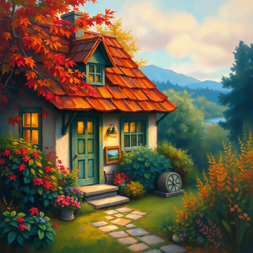 cozy cottage, vibrant colors, impressionist techniques, Claude Monet, serene landscape, warm lighting, comforting atmosphere, intricate detailing, autumn foliage, rural tranquility, peaceful ambiance, soft brush strokes, lush textures, nature's embrace, idyllic setting, homely warmth, inviting entryway, enveloping greenery, rustic charm, balanced composition, playful light, serene perspective, natural harmony, comforting scale, nostalgic glow