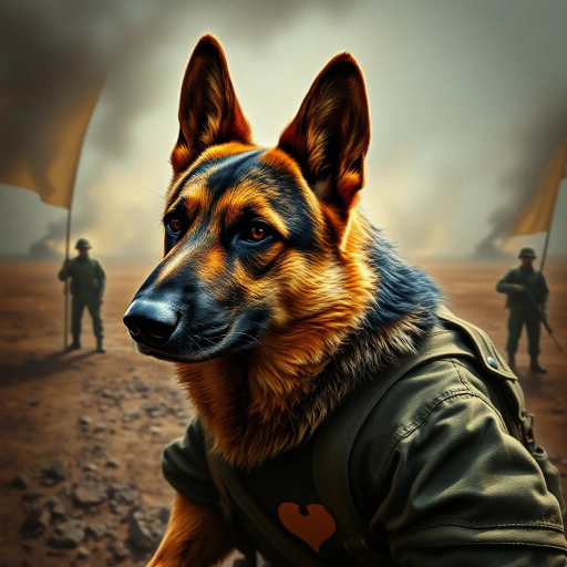 German shepherd, military theme, dynamic action, realistic textures, dramatic lighting, soldier in uniform, battlefield scenery, hyper-realistic fur detail, contrast, tension, Alex Ross, cinematic framing, bold composition, emotional intensity, movement, war-torn landscape, contemporary realism, powerful symbolism, strength, courage, protective stance, close-up perspective, muted color palette, storytelling elements, visual narrative, Hans Zimmer, intense atmosphere, shadow play, layered narrative, John Singer Sargent, smoke and dust textures, depth of field, visceral impact, heroic resolve
