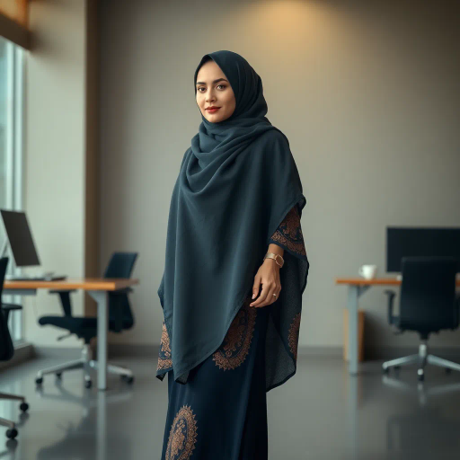 elegant Arab woman, wearing a hijab, professional setting, high heels, smooth skin, vibrant colors, intricate patterns, Middle Eastern influences, soft lighting, modern workplace, poised demeanor, contemporary fashion, realistic textures, cultural richness, sophisticated elegance, confident posture, dynamic composition, attention to detail, warm tones, harmonious balance, subtle symbolism