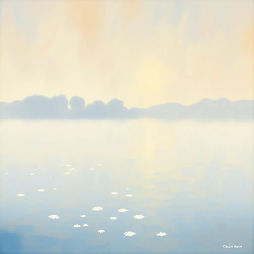 tranquil landscape, serene water, Claude Monet, impressionism, soft pastels, gentle reflections, morning mist, dappled sunlight, ethereal atmosphere, delicate brushstrokes, harmonious tones, peaceful horizon, serene composition, muted colors, soothing ambiance, natural balance, enchanted scenery, timeless elegance