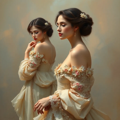 elegant femmes, graceful posture, intricate fashion, ethereal beauty, soft lighting, romantic era, impressionistic brushstrokes, pastel hues, delicate textures, feminine elegance, serene expressions, renaissance influences, flowing fabrics, atmospheric composition, refined aesthetics, timeless allure, enchanting aura, subtle movement, classical themes, Claude Monet, Edgar Degas, Raphael, chiaroscuro, delicate pastels, harmonious balance, historical richness, fine detail, luminous glow, cultural grace, narrative depth, portraiture, emotive grace, evocative ambiance