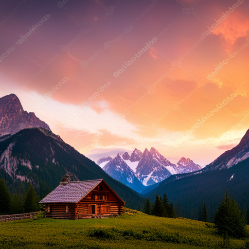 snowy peak, panoramic view, pine trees, sunset glow, cozy cabin, winter wonderland, wood textures, crisp air, warm lights, rocky terrain, remote location, frozen lake, dramatic sky, alpine scenery