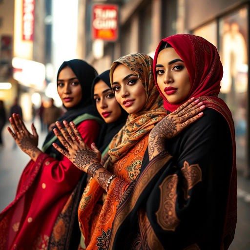 captivating Muslim women, vibrant textile patterns, intricate henna designs, cultural richness, modern elegance, dynamic movement, chiaroscuro lighting, warm and cool tones, diverse beauty, empowering expressions, fluid garment flow, detailed ornamentation, visual storytelling, vibrant urban setting, interplay of shadows, serene confidence, rich textures, contemporary portraiture, harmonious balance, Alphonse Mucha inspiration, Middle Eastern influences, juxtaposition of tradition and modernity, symbolic elements, intricate accessories, feminine strength, immersive ambiance