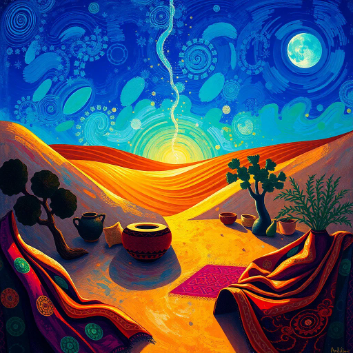 Arabian nights, desert oasis, vibrant colors, Henri Matisse, flowing fabrics, intricate patterns, sunlight reflections, ethnic motifs, modernist approach, serene and poised, cultural fusion, delicate textures, rhythmic lines, sensual elegance, warm earthy tones, exotic allure, mystical ambiance, artistic interpretation, contemporary flair, historical influences, juxtaposition of tradition and modernity