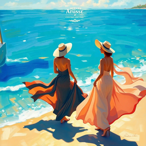elegant figures, beach scene, vibrant sunlight, azure waters, flowing fabric, Henri Matisse, impressionism, contemporary allure, warm hues, dynamic composition, summer breeze, leisurely grace, chromatic harmony, tranquil ambiance, fluid lines, art deco influences, intimate scale, ethereal light, cultural richness, playful interaction, Mediterranean essence, soft brush strokes