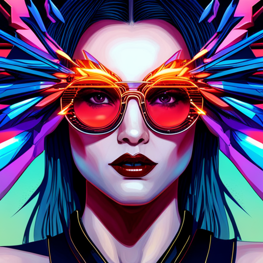 glitchy, cyberpunk, augmented reality, metallic accents, Burning Man, post-apocalyptic, biomechanical, UV protection, multimensional shapes, neon glow, chrome accents, rebellion, futuristic sunglasses, asymmetrical design, digital cityscape, dystopian society