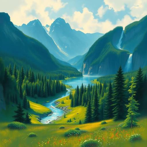 majestic landscapes, ethereal forests, cascading waterfalls, vibrant meadows, serene lakes, towering mountains, Claude Monet inspiration, impressionist brush strokes, vivid greens and blues, natural wonder, idyllic scenery, immersive depth, lush vegetation, mystical atmosphere, adventurous exploration, timeless beauty, expansive vistas, tranquil ambiance, dramatic skies, harmonious balance, dynamic composition, enchanting light, peaceful solitude, artistic interpretation, nature's majesty