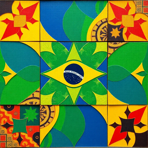 vibrant colors, geometric shapes, cultural symbolism, rich textures, tropical influence, modern interpretation, national pride, intricate patterns, dynamic composition, bright green, vivid gold, deep blue, movement, contemporary style, Brazilian culture, Jorge Amado, playful textures, dimensional layering, abstract representation, optimism and unity