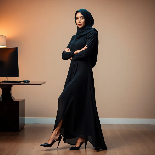 elegant Arab woman, professional attire, modern workplace, high heels, Middle Eastern influence, contemporary art style, intricate patterns, vibrant color palette, soft ambient lighting, cultural expression, dynamic posing, delicate textiles, confidence, empowerment, sophistication, grace, diverse cultural representation, cultural fusion, impressionism influences, human form depiction, balance and harmony, dynamic office environment, elegance, poise, detailed craftwork, modernism, cultural narrative, harmonious composition, vibrant textures