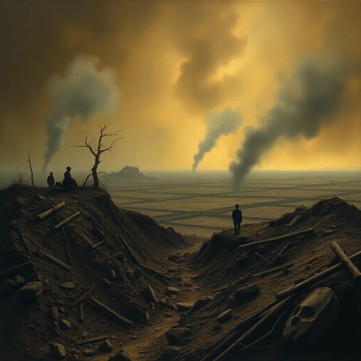 World War I, battlefield, shell hole, destruction, historical conflict, realism, Henri Rousseau, chiaroscuro lighting, somber mood, earth tones, dramatic perspective, craters, landscape, war-torn terrain, textured soil, immersive depth, metaphoric emptiness, poignant silence, layered composition, impressionist influences, reflective atmosphere, muted colors, raw textures, turbulent history, emotive impact, tension, ruins, nature reclaiming, symbolic void, desaturated hues, visual storytelling