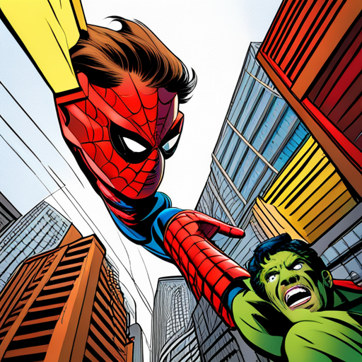 Hulk, Spiderman, superhero, action, Marvel Comics, vibrant colors, dynamic composition, bold lines, dramatic lighting, intense emotions, muscular figures, powerful poses