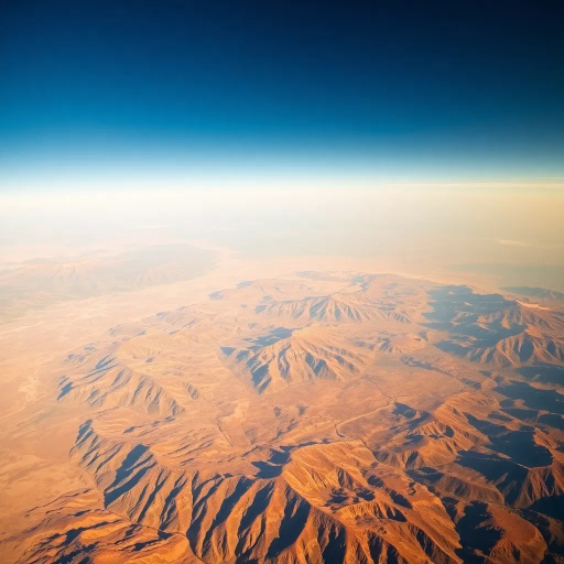 birds-eye view, aerial perspective, high altitude, sweeping vistas, detailed landscapes, contemporary photography, dynamic compositions, expansive horizons, rich textures, varied terrains, Ansel Adams influence, natural light, dramatic shadows, panoramic scale, geometric patterns, atmospheric conditions, golden hour glow, vibrant contrasts, spatial depth, ethereal beauty, modern technology, precise framing, fast shutter speed, serenity, exploration, natural world, ambient tones, visual storytelling