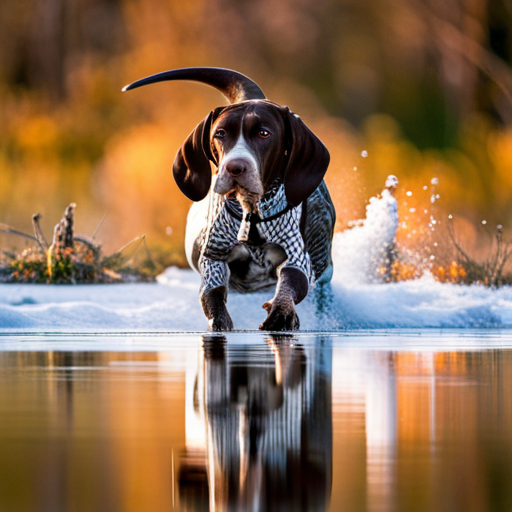 German shorthair pointer, hunting dogs, nature, animal behavior, game birds, bird dogs, canine, stamina, speed, agility, outdoor photography, action shots, hunting techniques, wildlife, golden hour lighting, rule of thirds, movement, defocused background, deep brown coat, spot markings, texture, high level of detail