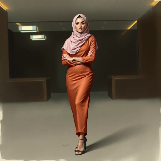 elegant Arab woman, professional attire, modern workplace, high heels, Middle Eastern influence, contemporary art style, intricate patterns, vibrant color palette, soft ambient lighting, cultural expression, dynamic posing, delicate textiles, confidence, empowerment, sophistication, grace, diverse cultural representation, cultural fusion, impressionism influences, human form depiction, balance and harmony, dynamic office environment, elegance, poise, detailed craftwork, modernism, cultural narrative, harmonious composition, vibrant textures