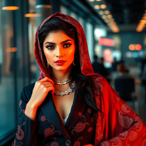 elegant Arab woman, contemporary fashion, hijab, professional attire, modern workplace, high heels, Middle Eastern influence, vibrant colors, soft ambient lighting, dynamic posing, cultural expression, delicate textiles, confident and empowering presence, sophisticated grace, diverse cultural representation, fusion of modern and traditional elements, cultural fusion, empowerment and poise, Impressionism influences, Gustav Klimt inspiration, Art Nouveau elegance, intricate patterns, intricate detailing, vibrant color palette, symbolic attire, office environment, balance and harmony, dynamic composition, surreal lighting, cultural narrative, refined textures, bold symbolism, artistic influences, multicultural dialogue, striking balance, expressive realism, innovative representation, unique fashion, delicate balance, harmonious color palette
