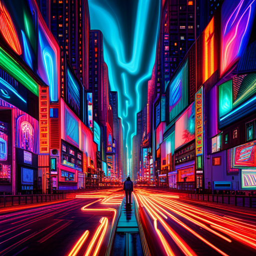 futuristic, artificial intelligence, data visualization, maximalism, neon colors, generative art, technology, complex patterns, glitch art, cyberpunk, machine learning, wires and circuits, abstract expressionism