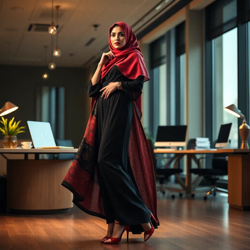 Arab woman, elegant hijab, professional setting, modern workplace, high heels, Middle Eastern culture, contemporary art, intricate patterns, vibrant colors, soft lighting, dynamic pose, cultural expression, delicate fabrics, office environment, confident demeanor, sophisticated fashion, grace and poise, diverse representation, cultural fusion, empowerment, modernism, Impressionism influences, human form, balance and harmony, Henri Matisse, modern elegance, intricate textile patterns, vibrant aesthetic, global influence, artistic expression, dignity and strength, atmospheric composition, elegant lines, harmonious palette, seamless integration, modern artistry