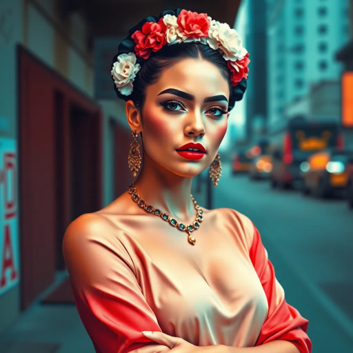 elegant modernity, vibrant Latino essence, captivating beauty, inspired by Frida Kahlo and Diego Rivera, contemporary fashion, dynamic pose, vivid color palette, warm tones, intricate patterns, confident expression, surreal lighting, cultural richness, urban backdrop, artistic flair, stylish sophistication, intricate details, youthful spirit, iconic representation, balance of tradition and modernity, digital brushstrokes, immersive atmosphere