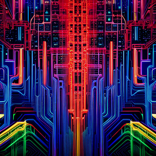 Futuristic cyberpunk meets artificial intelligence in a neon maximalist world with complex generative art patterns. Glitch art and machine learning interweave with wires and circuits to create an abstract expressionism inspired digital landscape.