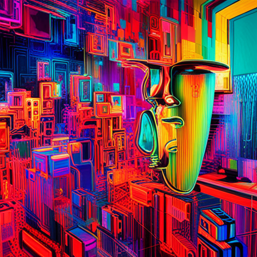 AI programming in a singularity matrix, exploring the boundaries of identity and consciousness through vivid colors and abstract shapes with hints of cyberpunk and postmodernism