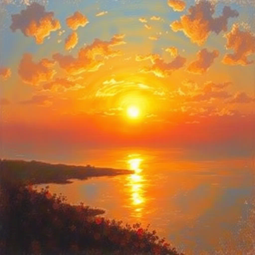 vibrant sunset, Claude Monet, impressionism, golden hour, radiant light, horizon glow, atmospheric depth, warm hues, sunburst effect, serene landscape, reflective water, tranquil mood, soft brushstrokes, expansive sky, luminous clouds, gradient blending, emotional resonance, horizon line, framing perspective, peaceful evening
