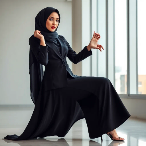 elegant Arab lady, wearing a hijab, professional attire, stylish heels, smooth skin, vibrant colors, cultural elegance, dynamic pose, artistic elegance, detailed textures, harmonious composition, modern setting, luminous lighting, expressive posture, delicate features, Middle Eastern influence, graceful movement, contemporary realism, subtle shadows, poised demeanor, intricate detailing