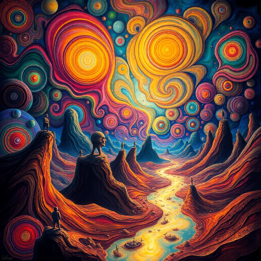 surreal dreamscape, intricate patterns, Salvador Dali, luminous lighting, ethereal ambiance, vivid palette, swirling forms, imaginative landscapes, abstract figures, dreamlike atmosphere, reflective surfaces, flowing textures, dynamic movement, mystical symbolism, infinite space, whimsical elements, vibrant expressions, imaginative worlds, hyper-detailed, otherworldly landscapes