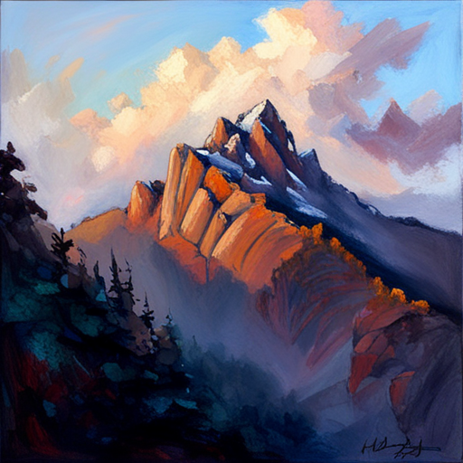 Majestic peaks, rugged terrain, atmospheric perspective, muted colors, Impressionism, Hudson River School, light and shadow, texture, acrylic paint, naturalism, serenity, grandeur, scale, plein air, rocky outcroppings, dramatic sky, asymmetry, depth, soft brushstrokes, tranquility, landscape painting