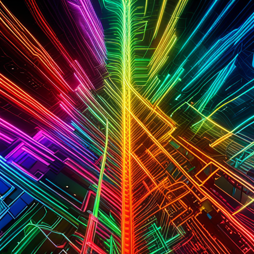 futuristic, artificial intelligence, data visualization, maximalism, generative art, technology, complex patterns, glitch art, cyberpunk, machine learning, wires and circuits, abstract expressionism, neon colors