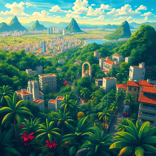 vibrant rainforest, sprawling cityscapes, Rio Carnival celebration, modernist architecture, Tarsila do Amaral, tropical paradise, lush landscapes, Samba rhythm, vivid color palettes, dynamic movement, cultural fusion, vibrant street art, warm sunlight, Copacabana beach, panoramic views, rich biodiversity, Botero-inspired figures, expressive brushstrokes, Amazon River, intricate textures, joyous atmosphere, cultural heritage, Henri Rousseau influence, energetic composition