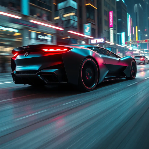 futuristic car design, sleek lines, chrome finish, vibrant neon highlights, dramatic lighting, dynamic movement, aerodynamic shape, retro-futurism, precision engineering, urban environment, concept art, high-tech materials, hyper-realistic detailing, modern aesthetics, speed and agility, metallic textures, ambient atmosphere, avant-garde composition, illuminated cityscape, art deco influences