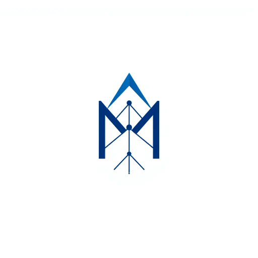 abstract letter M logo, parent node, child nodes, thin branching lines, tree hierarchy, indigo gradient, minimal vector design, white background, geometric abstraction, modernist influence, Bauhaus, clean lines, connection symbolism, hierarchical structure, conceptual design, negative space, visual balance, contemporary aesthetics