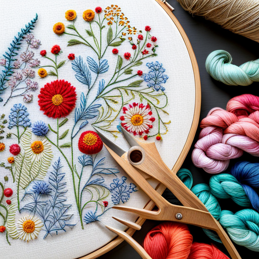 wildflower meadow, embroidery pattern, intricate details, vibrant colors, floral arrangement, stitching technique, botanical artwork, textured background, organic shapes, delicate petals, creative composition, handcrafted beauty