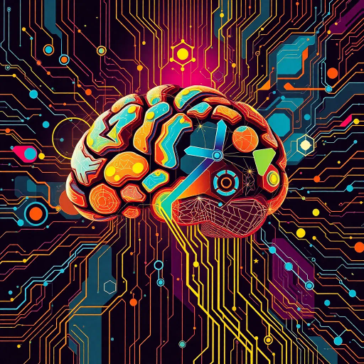 futuristic ai mind map, digital networks, interconnected nodes, vibrant colors, neural pathways, technology-inspired, abstract shapes, cybernetic theme, intricate patterns, artificial intelligence, contemporary design, computer graphics, minimalist aesthetic, dynamic flow, interconnected lines, data visualization, glowing elements, conceptual art, modern futurism, digital connectivity