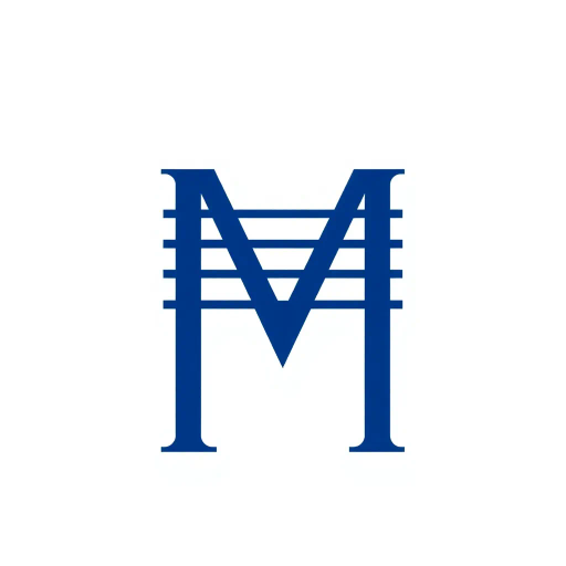 bold letter M, parallel strokes, tapering structure, upward hierarchy, indigo blue, geometric precision, vector design, minimalist aesthetic, structural elegance, balance and symmetry, clean composition, white background, modernist influences, Bauhaus geometry, minimal lines, disciplined form, artistic clarity, abstract expression, Kandinsky inspiration, harmonious contrast, flat color fields, innovative typographic elements, Swiss design principles, mid-century modern vibes