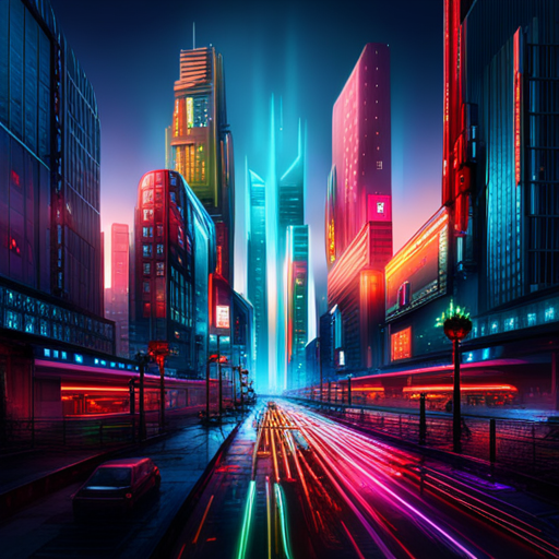 neon lights, cyberpunk architecture, bioengineered vegetation, bustling metropolis, contrast of technology and nature, vibrant colors, futuristic skyline, artificial intelligence, dystopian society, neon signs, organic structures, industrial landscapes, high-tech cityscape, advanced machinery, glowing plants, post-apocalyptic setting, digital artistry, urban jungle