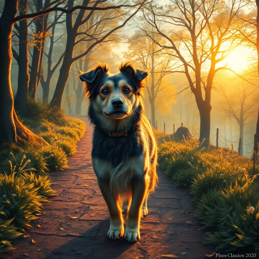 golden retriever, strolling peacefully, along a cobblestone path, Claude Monet influences, ethereal lighting, vibrant hues, rich textures, dynamic movement, pastoral scenery, Impressionist brushstrokes, warm sunset glow, emotional serenity, playful elegance, lush greenery, narrative composition, naturalistic detail, charming village, Timeless elegance, Edward Hopper's narrative style, vivid storytelling